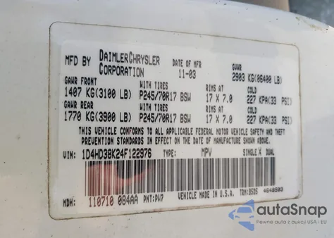 2004 Dodge Durango St from USA, damaged, VIN 1D4HD38K24F122976